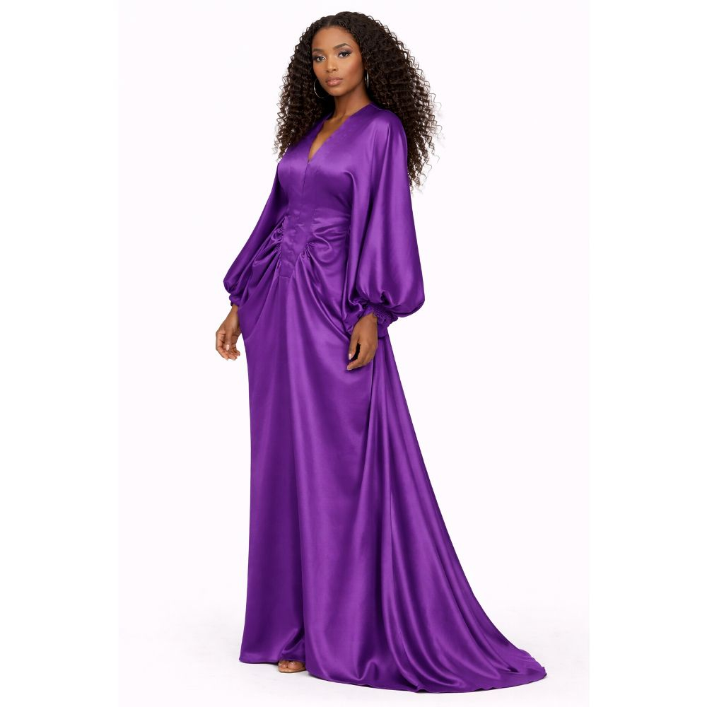 Women Purple Draped Midi Dress with Voluminous Sleeves